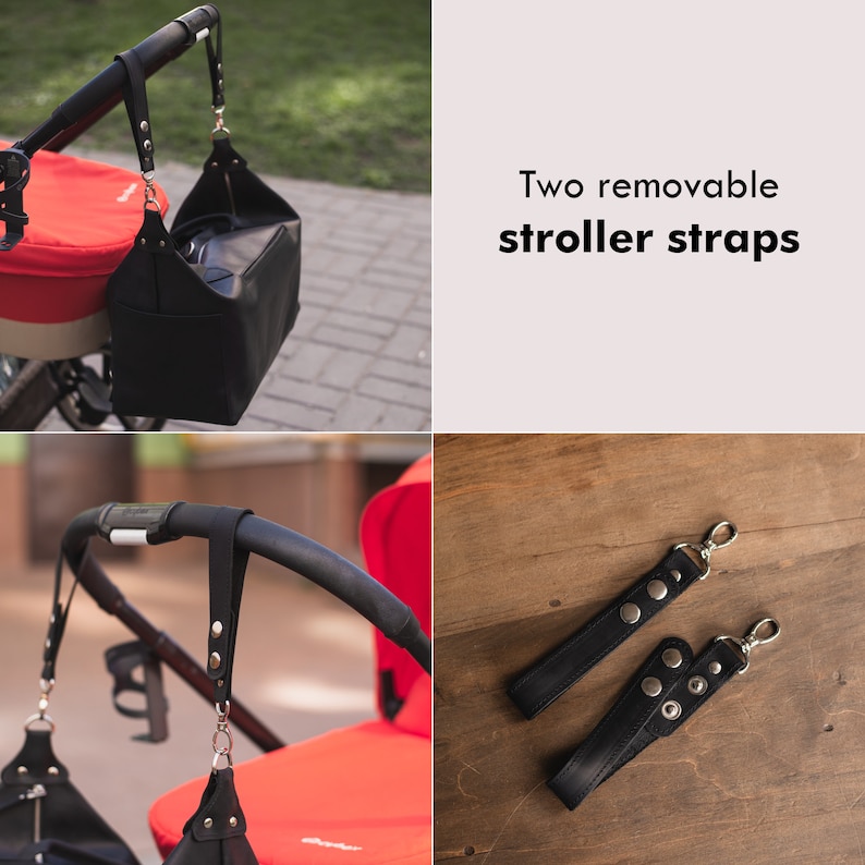 K&ouml;nnte beinhalten: Zwei schwarze Leder-Kinderwagenriemen mit silbernen Metallschnallen und Druckkn&ouml;pfen. Die Riemen sind an einem roten Kinderwagen befestigt.