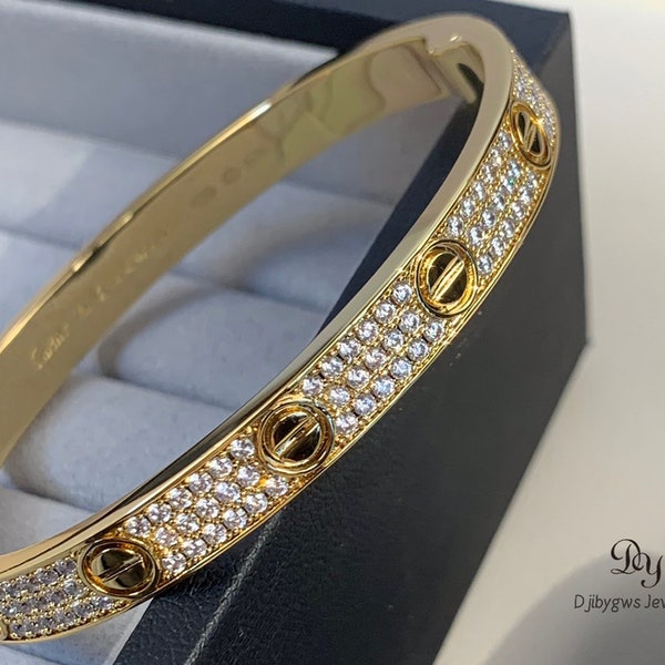 14k Sterling Silver Gold Plated Wide Diamond Bangle Engagement Bracelet Valentine's Day Gift