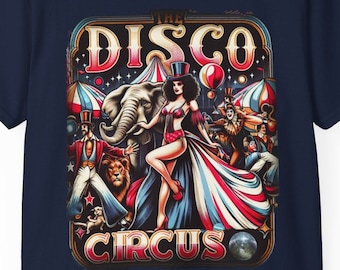 Camiseta retro de circo disco, camiseta gráfica de fiesta de baile funky de los años 70
