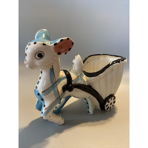 Vintage Hand Painted Ceramic Deer Donkey Pulling Cart Planter ~ Japan