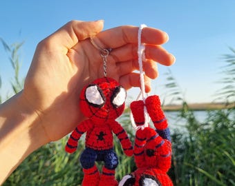 Handmade Crochet Spider Keychain, Superhero Car Hanger, Amigurumi Gift, Rear View Mirror Charm