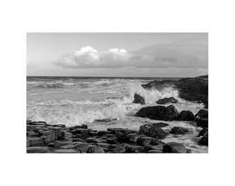 Giant's Causeway waves breaking - black and white original print in an A3 mount