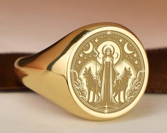 14K Gold Hecate Signet Ring, Ancient Goddess Jewelry Ring, Triple Moon Engraved Ring, Greek Mythology Talisman Ring, Ancient Culture Jewelry