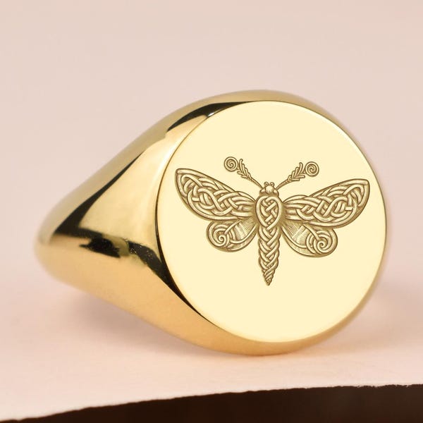 14K Gold Celtic Knot Moth Signet Ring, Spiritual Jewelry Ring, Nocturnal Insect Engraved Ring, Spirit Animal Ring, Animal Guardian Jewelry
