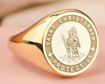 Anillo de sello de San Cristóbal en oro de 14 quilates, anillo redondo de San Cristóbal, anillo personalizado de protección para viajeros, anillo para automovilistas, regalo para conductores noveles.