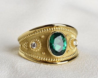 Gold Roman Empire Ring, Emerald Stone Italian Ring, Ancient Italian Ring, Etruscan Ring, Gold Emerald Jewelry, Gold Etruscan Jewelry