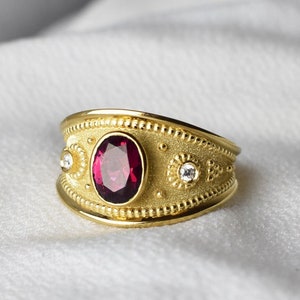 14K Gold Byzantine Ring, Oval Ruby Byzantine Band, Women's Gold Ruby Ring, Alternative Wedding Ring, Multi Gemstone Ring, Greek Gold Ring