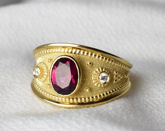 14K Gold Byzantine Ring, Oval Ruby Byzantine Band, Women&#39;s Gold Ruby Ring, Alternative Wedding Ring, Multi Gemstone Ring, Greek Gold Ring