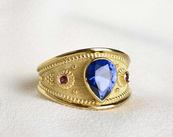 Pear Cut Sapphire Etruscan Ring, Ancient Italian Gold Ring, Sapphire Etruscan Jewelry, Gold Multi Stone Band For Women, Women Birthday Gift