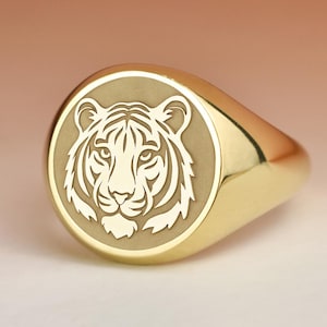 14K Gold Tiger Sign Ring, Zodiac Sign Jewelry, Spirit Animal Engraved Ring, Year Of The Tiger Ring, Birth Year Signet, Custom Gift For Her