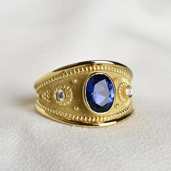 Bague byzantine saphir bleu ovale pour femme, bague saphir du XVIIIe siècle, bijoux byzantins en or, bague impériale, bague saphir multi pierres