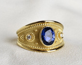 Bague byzantine saphir bleu ovale pour femme, bague saphir du XVIIIe siècle, bijoux byzantins en or, bague impériale, bague saphir multi pierres