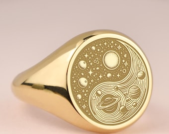14K Gold Yin Yang Signet Ring, Cosmic Unity Talisman Ring, Custom Planetary Engraved Ring, Taijitu Signet Ring, Chinese Philosophy Jewelry