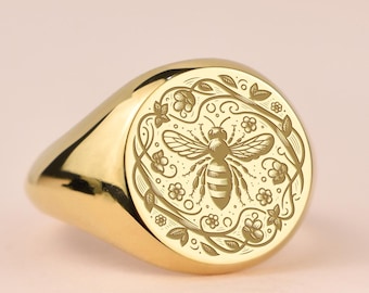 Anillo de sello de abeja de oro de 14 quilates, anillo de insecto, anillo grabado de abejorro, anillo de sello de entomología, joyería delicada de animal espiritual, regalo de cumpleaños para ella
