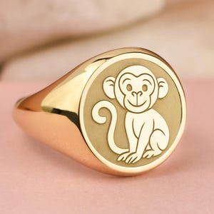 14K Gold Monkey Sign Signet Ring, Chinese Zodiac Charm, Personalized Birthday Gift, Elegant Lucky Charm, Women Anniversary Gift, Mens Ring