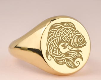 14K Gold Celtic Knot Koi Fish Signet Ring, Nishikigoi Jewelry Ring, Freshwater Fish Engraved Ring, Japanese Carp Ring, Prosperity Jewelry