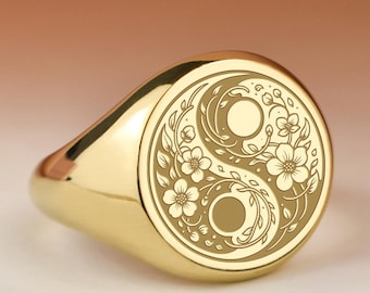 14K Gold Yin Yang Signet Ring, Balance Symbol Jewelry Ring, Duality Circle Engraved Ring, Taoist Heritage Talisman Ring, Taijitu Jewelry