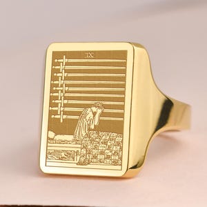 14K Solid Gold Nine Of Swords Tarot Ring, Personalized Cartomancy Jewelry, Rider-Waite Charm, Custom Tarot Card Ring, Mystical Birthday Gift