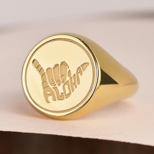 14K Solid Gold Aloha Signet Ring, Hawaiian Jewelry, Hawaii Ring for Men and Women, Aloha Hand Sign Ring, Tropical Amulet, Gold Beach Charm