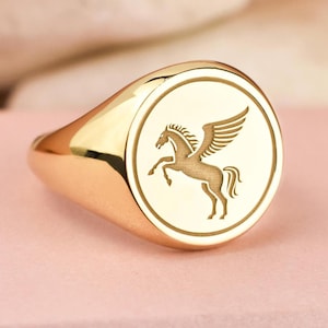 14K Gold Pegasus Signet Ring, Mythical Horse Charm, Greek Mythology Amulet, Flying Horse Pinky Ring, Personalized Greek Gift, Gift for Her