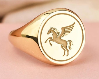 14K Gold Pegasus Signet Ring, Mythical Horse Charm, Greek Mythology Amulet, Flying Horse Pinky Ring, Personalized Greek Gift, Gift for Her