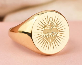 14K Gold Sacred Heart of Jesus Signet Ring, Personalized Flaming