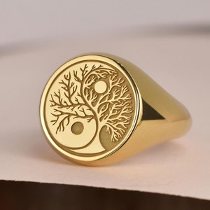 14K Solid Gold Yin Yang Tree Signet Ring, Feng Shui Amulet, Eastern Philosophy Charm, Asian Balance Symbol Ring, Yin Yang Jewelry, Piky Ring