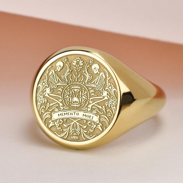 14K Gold Memento Mori Signet Ring, Amor Fati Jewelry, Stoicism Signet Ring, Memento Vivere Ring, Marcus Aurelius Ring, Summum Bonum Ring