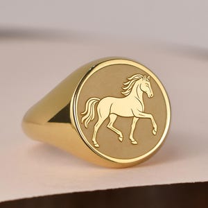 14K Gold Horse Sign Signet Ring, Chinese Horoscope Jewelry , Personalized Zodiac Charm, Custom Birthday Gift, Lucky Amulet for Men & Women