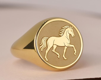 Chevalière signe cheval en or 14 carats, bijoux horoscope chinois, breloque zodiaque personnalisé, cadeau d'anniversaire personnalisé, amulette porte-bonheur pour homme et femme