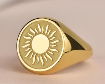 14K Solid Gold Sun Signet Ring, Sunset Signet Ring, You Are My Sunshine Ring, Personalized Sun Ring, Women Gold Ring, Dainty Gold Ring