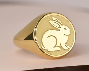 14K Gold Hase Zeichen Siegelring, Jahr des Kaninchens Ring, chinesisches Sternzeichen Siegelring, Glück Ring, Kostüm Geburt Jahr Geschenk, Gold Herrenring