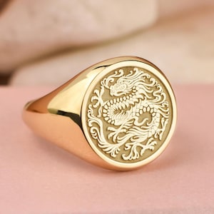 14K Gold Chinese Dragon Signet Ring, Mythical Dragon Jewelry, Personalized Feng Shui Charm, Dragon Zodiac Gift, Lucky Amulet for Men & Women