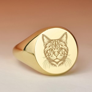 Puede incluir: Anillo de sello dorado con un grabado detallado de la cara de un gato en una superficie ovalada. El anillo tiene un acabado liso y pulido y un diseño clásico y redondeado. Los rasgos del gato están finamente grabados.