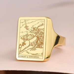 14K Solid Gold The Knight of Swords Tarot Signet Ring, Minor Arcana Jewelry, Personalized Rider-Waite Tarot Ring, Engraved Gift For Him
