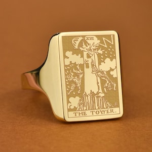 14K Solid Gold The Tower Tarot Signet Ring, Personalized Cartomancy Jewelry, Major Arcana Ring, Fortune Teller Ring, Engraved Birthday Gift