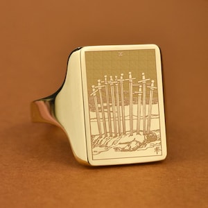 14K Solid Gold Ten Of Swords Tarot Signet Ring, Personalized Trionfi Ring, Engraved Rider-Waite Card Charm, Gold Magic Ring, Occult Jewelry