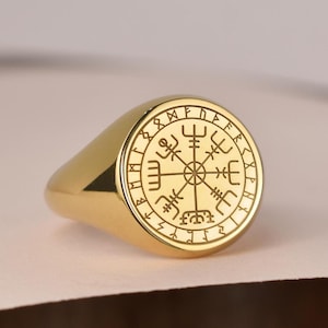 14K Solid Gold Vegvisir Signet Ring, Viking Compass Ring, Personalized Norse Runes Ring, Birthday Gift, Viking Jewelry, Nordic Compass Ring