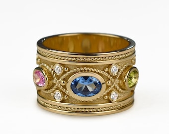 Gold Vermail Aquamarine Peridot and Pink Tourmaline Byzantine Stones Ring, Multi Gemstone Wide Band For Women, Thick Heavy Gold Ring For Her