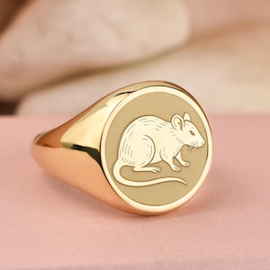 14K Gold Chinese Rat Sign Signet, Year Of The Rat Jewelry, Personalized Zodiac Sign Ring, Horoscope Sign Charm, Good Fortune Engraved Ring