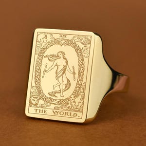 14K Solid Gold The World Tarot Signet Ring, Personalized Mystical Ring, Rider-Waite Tarot Ring, Engraved Trionfi Charm, Custom Birthday Gift