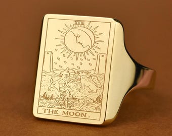 Anillo de sello del Tarot de la Luna en oro macizo de 14 quilates, joyería del Tarot Rider-Waite, anillo celestial grabado, anillo de Arcanos Mayores personalizado, regalo para esposa