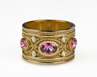 Gold Vermail Pink Tourmaline Crystal Ring For Women, Pink Gemstone Gold Band, Pink Diamonds Gold Ring, October Month Gift, Anniversary Gift
