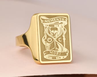 14K Solid Gold Memento Mori Signet Ring, Stoicism Gold Ring, Amor Fati Jewelry, Memento Vivere Ring, Life is Short Ring, Skull Signet Ring