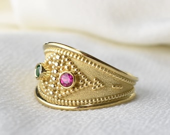Gold Sicilian Ruby Ring, Ancient Sicily Jewelry, Gold Italian Ring For Women, Multi Stone Ring, Antique Gold Ring, Traditional Italian Ring
