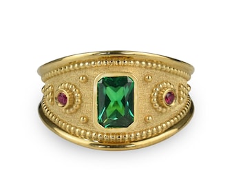 14K Gold Green Emerald Byzantine Ring, Multi-Color Emerald & Ruby Ancient Greek Ring, Anniversary Gift for Women, Medieval Gold Jewelry Gift