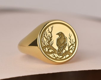 14K Solid Gold Raven Bird Signet Ring, Gold Crow Ring, Gothic Gold Ring, Bird Jewelry, Engraved Raven Moon Ring, Witch Gold Signet Ring