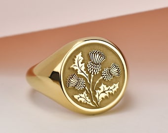 14K Solid Gold Thistle Signet Ring, Scottish Thistle Ring, Round Gold Signet Ring, Gold Nature Ring, Thistle Flower Jewelry, Thistle Gift