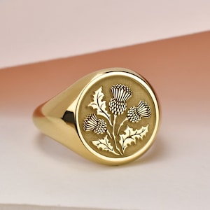 14K Solid Gold Thistle Signet Ring, Scottish Thistle Ring, Round Gold Signet Ring, Gold Nature Ring, Thistle Flower Jewelry, Thistle Gift