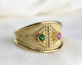 Gold Sicilian Ruby Ring, Ancient Sicily Jewelry, Gold Italian Ring For Women, Multi Stone Ring, Antique Gold Ring, Traditional Italian Ring